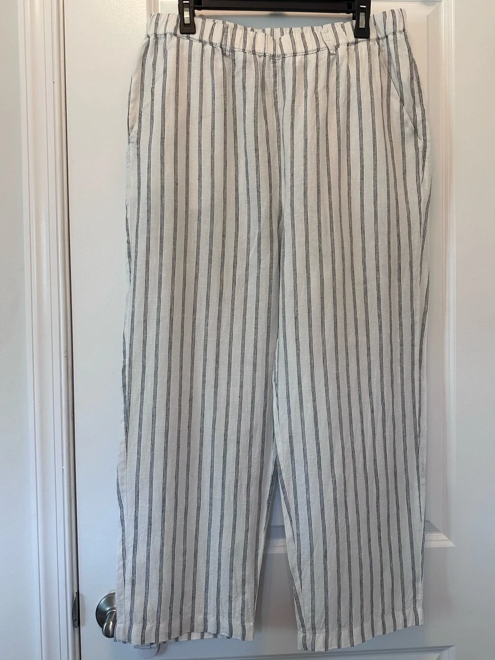 Quince 100% European Linen Pants Oatmeal Black Stripe Quiet Luxury Size Large